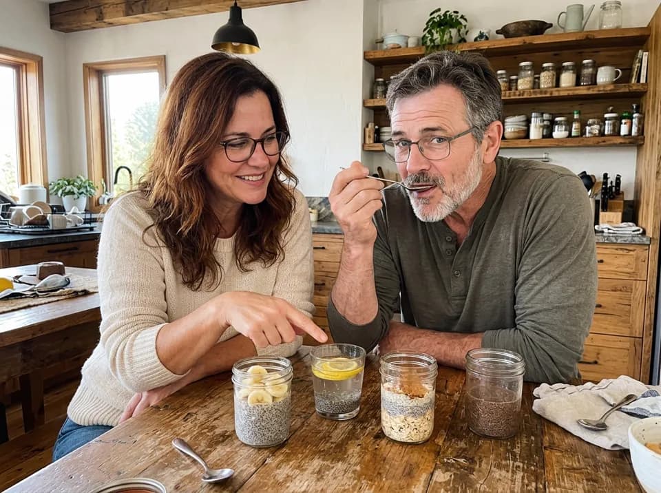Jack and Anne at the table with four small glasses of different chia combos