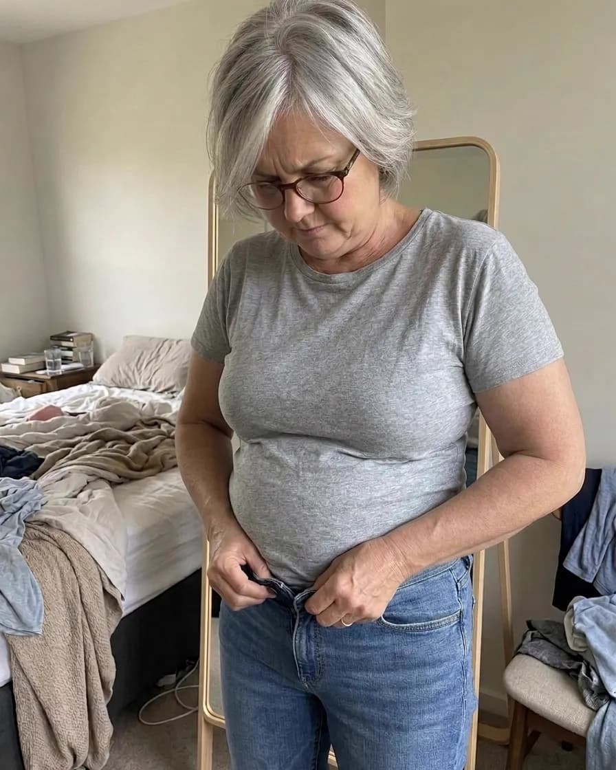 Evie in the morning unbuttoning her trousers with discomfort