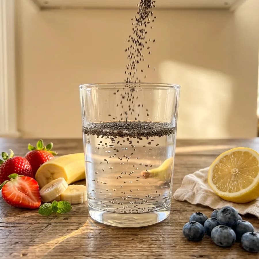 Dry chia seeds pouring into a glass of water, fresh strawberries, banana, lemon and blueberries around it