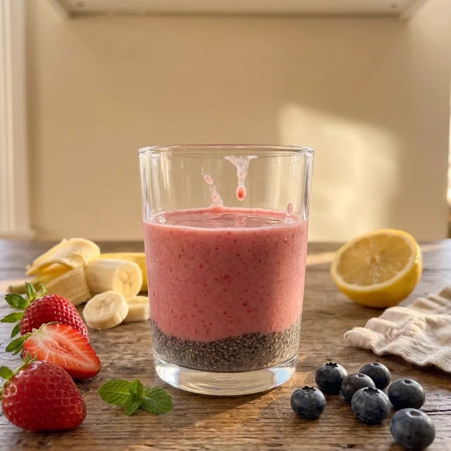 Glass with a layer of chia gel and a pink strawberry-banana smoothie, fresh fruit around it