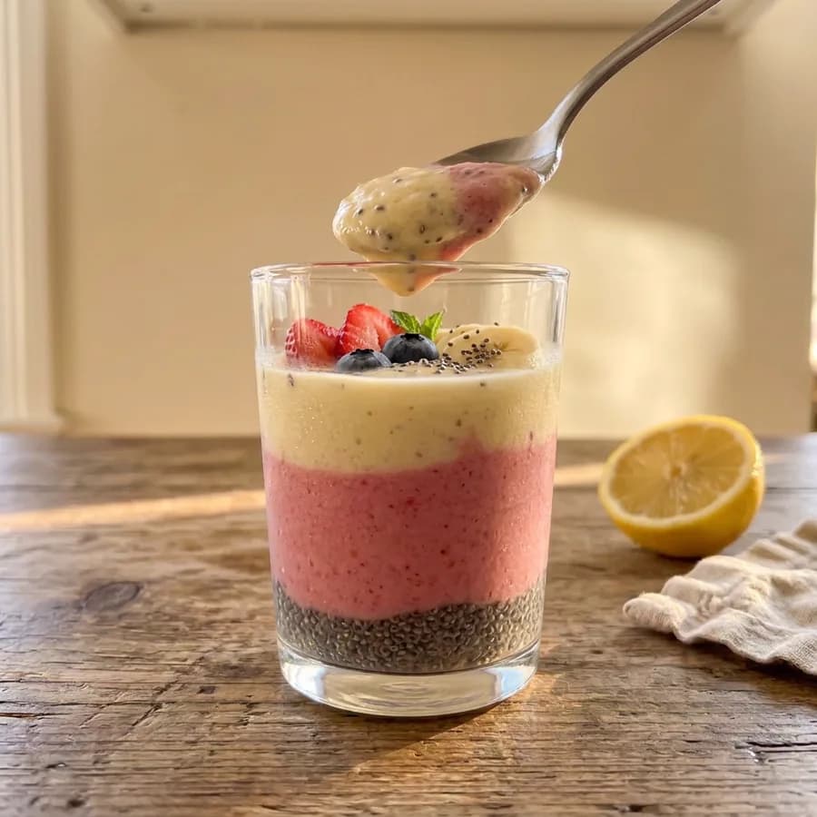 Layered chia shake with strawberry and banana, topped with berries and mint, a spoon lifting a creamy spoonful