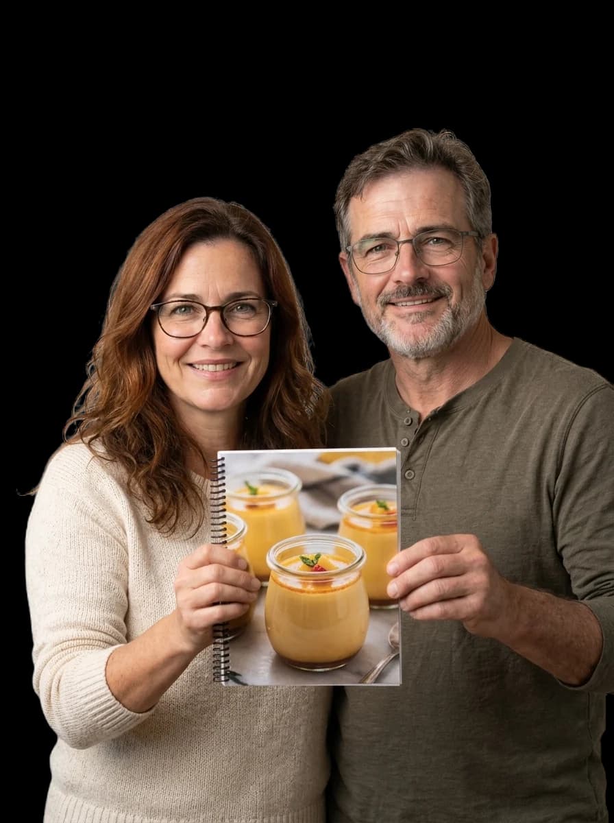 Jack and Anne holding a tablet with a dessert recipe