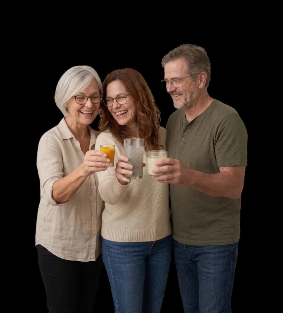 Evie, Jack and Anne at the kitchen counter at sunrise with the three Golden Day glasses