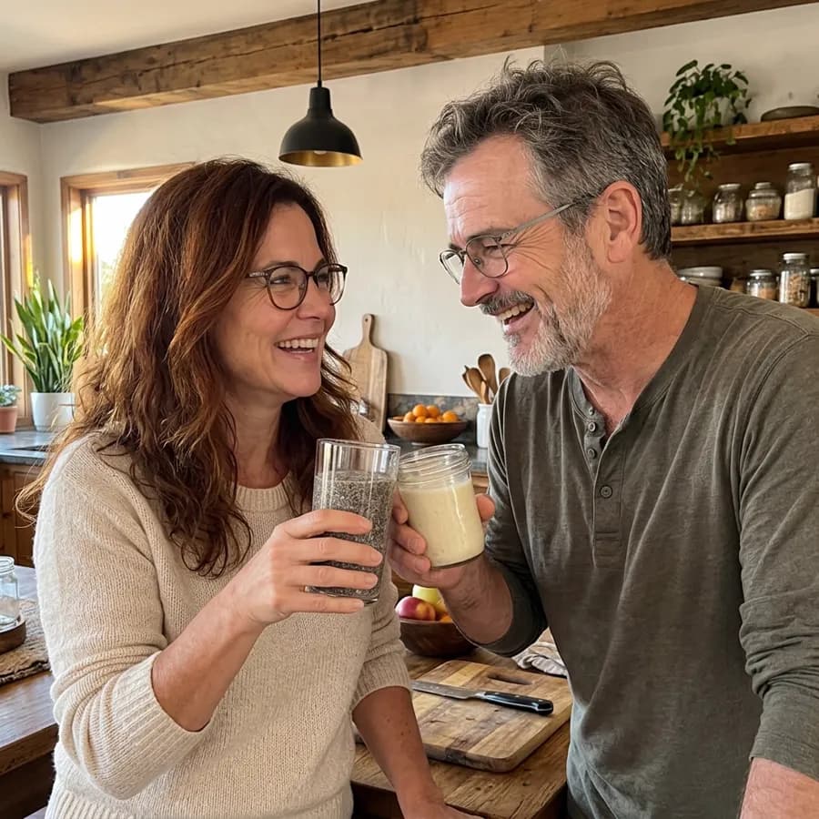 Jack and Anne clinking their chia and gelatin glasses