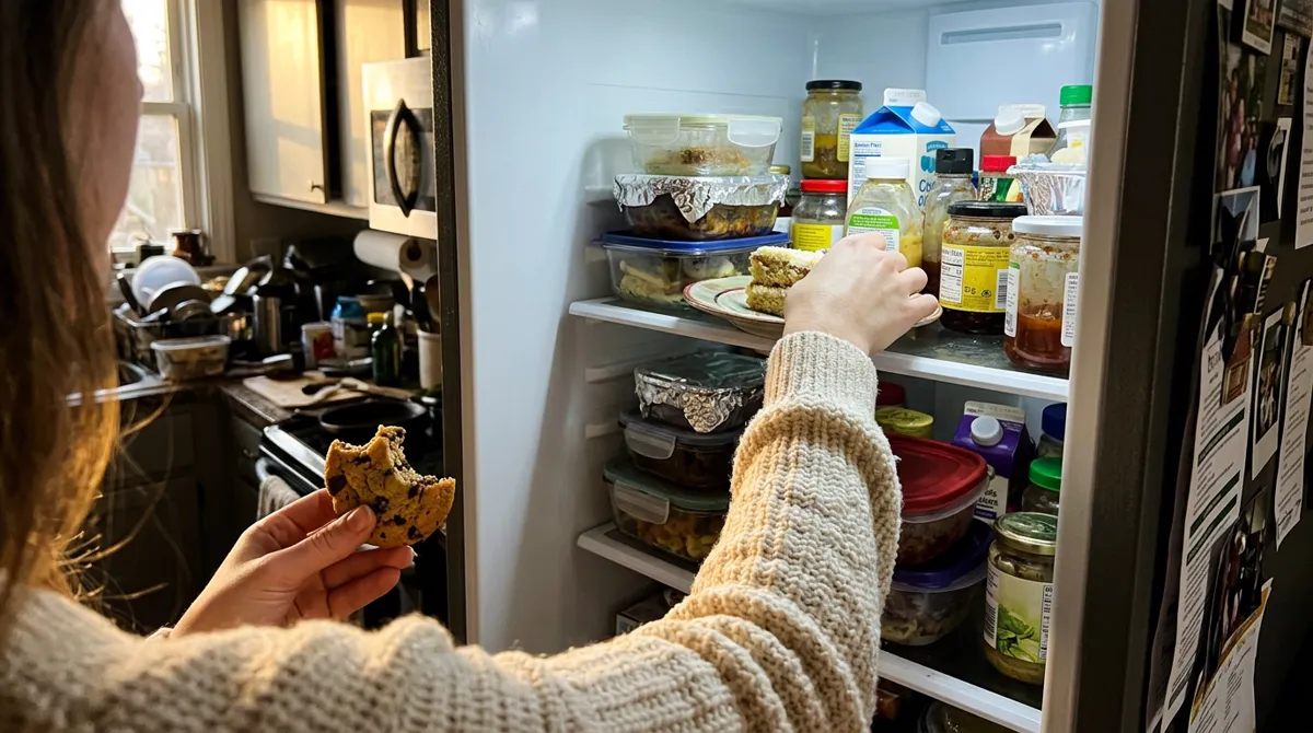 A hand reaching into an open fridge at 4 p.m.