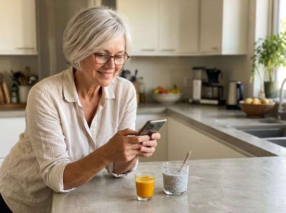 Evie at her kitchen counter in the morning checking the day's plan on her phone