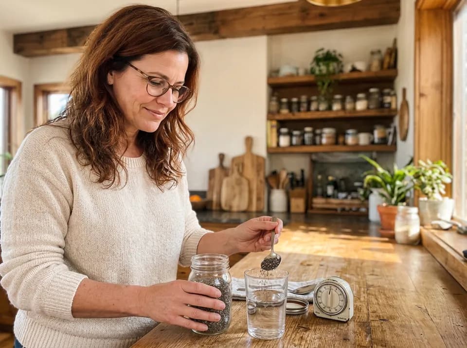 Anne spooning chia seeds into a glass of water at her counter